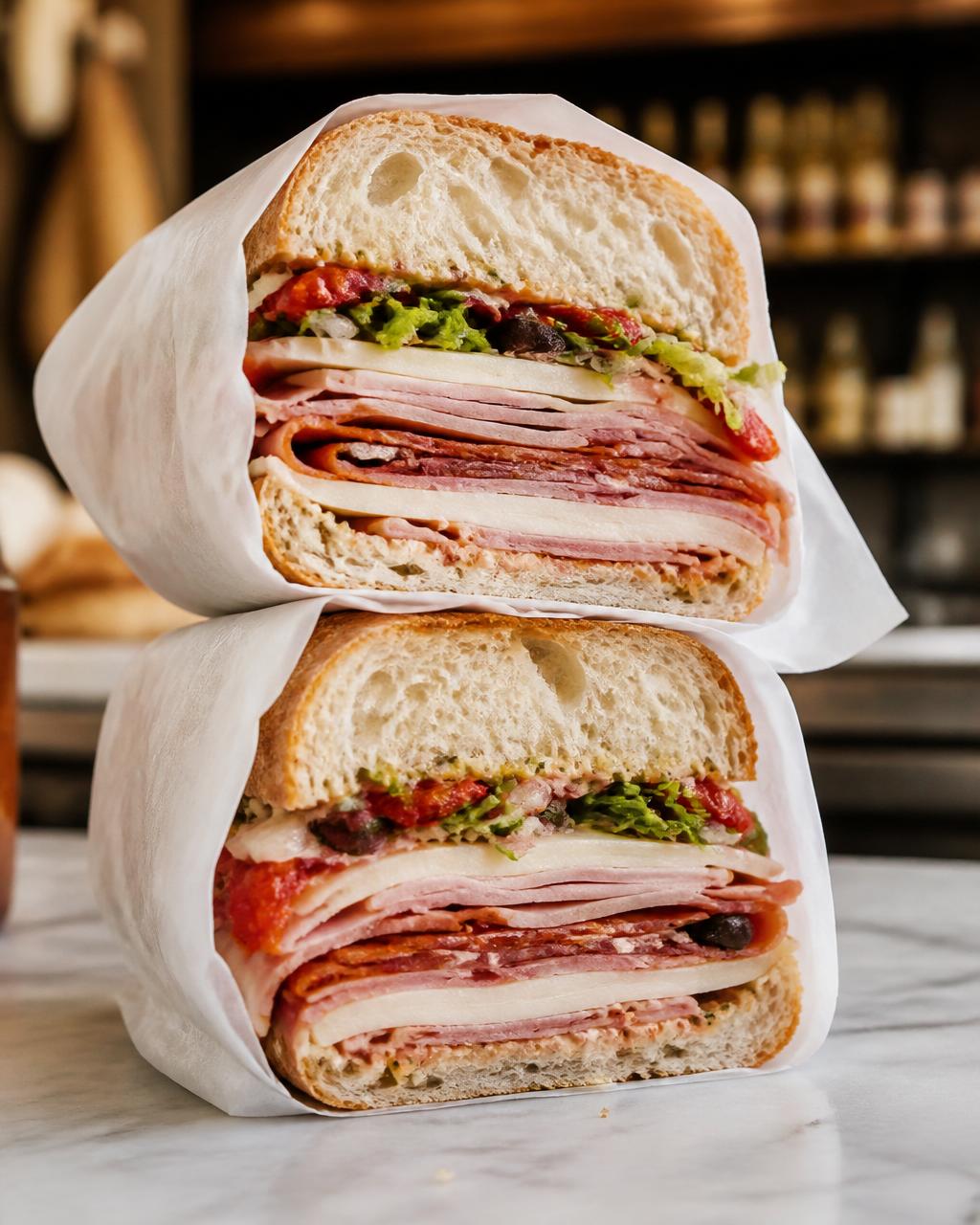 A stacked Italian cold cut sandwich wrapped in deli paper