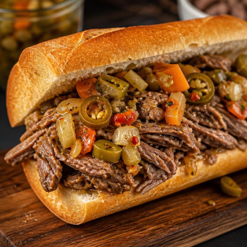 Italian beef sandwich with spicy giardiniera
