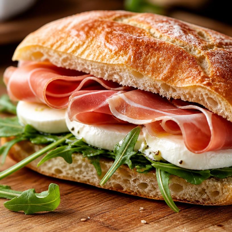 Prosciutto and mozzarella sandwich with arugula